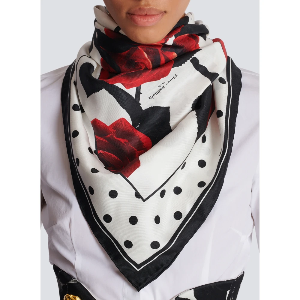 Balmain Rode rozen en polka dot bedrukte zijden sjaal Red Dames