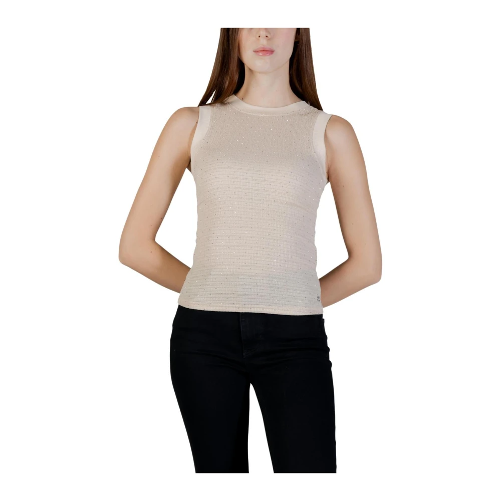 Guess Women's Beige Sleeveless Tops, S, Sleeveless Round Neck Tank-Top