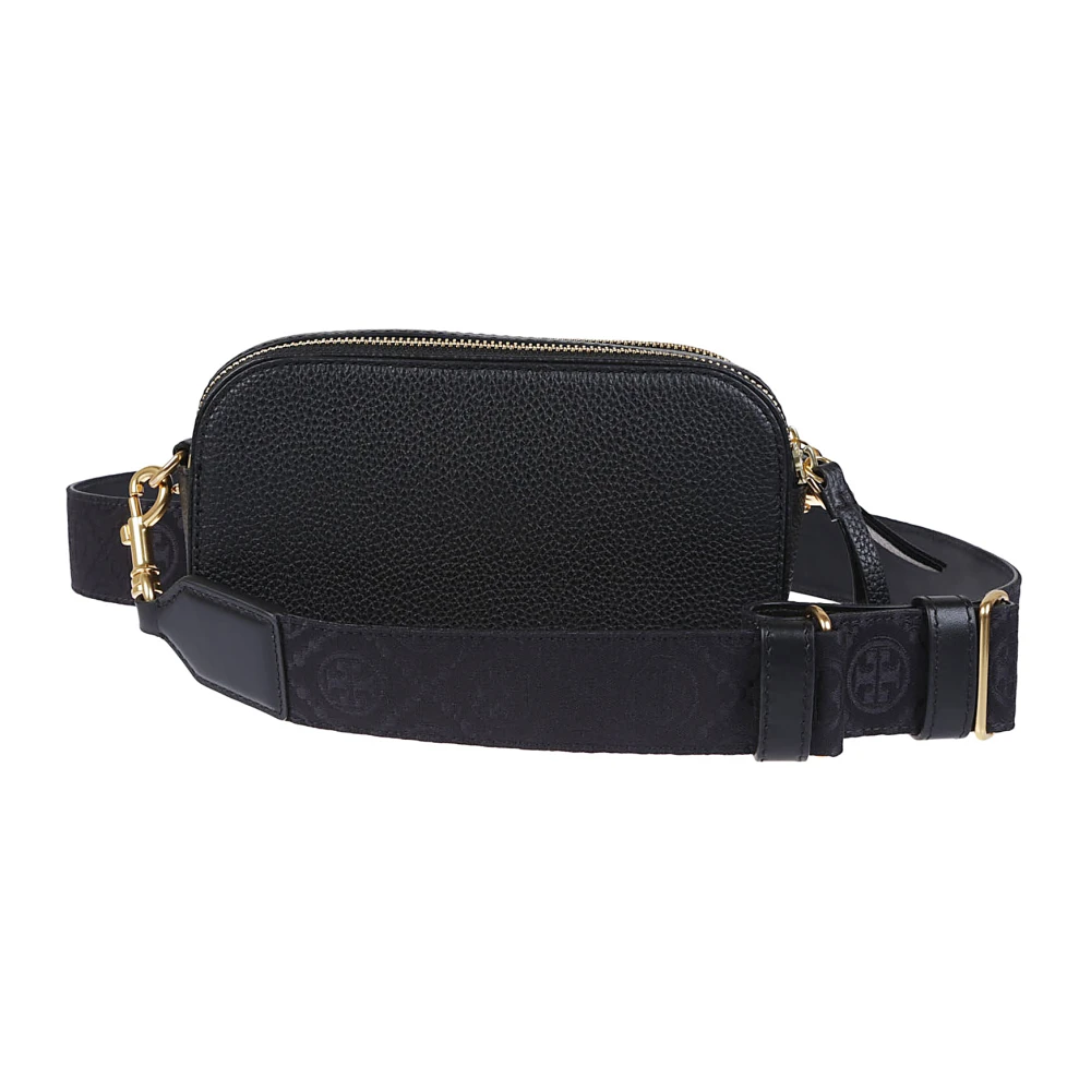 TORY BURCH Zwarte leren schoudertas met reliëflogo Black Dames