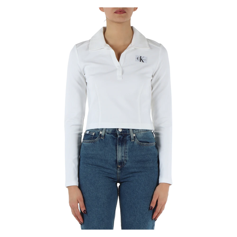 Calvin Klein Jeans Logo Patch V-Hals Polo van Viscose Mix White Dames