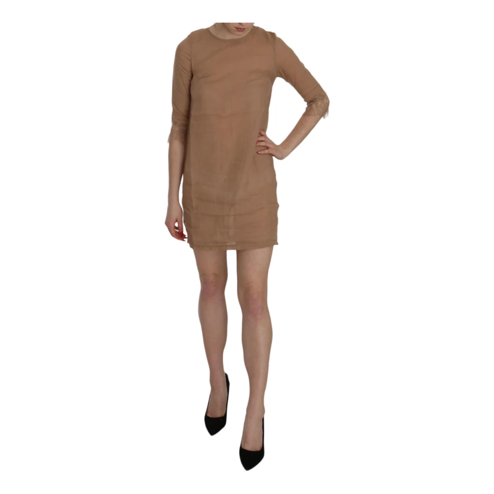 Pink Memories Bruin Linnen Crewneck Shift Mini Jurk Brown Dames