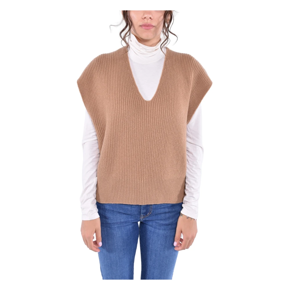Kangra Geribbeld Wol Gilet Brown Dames