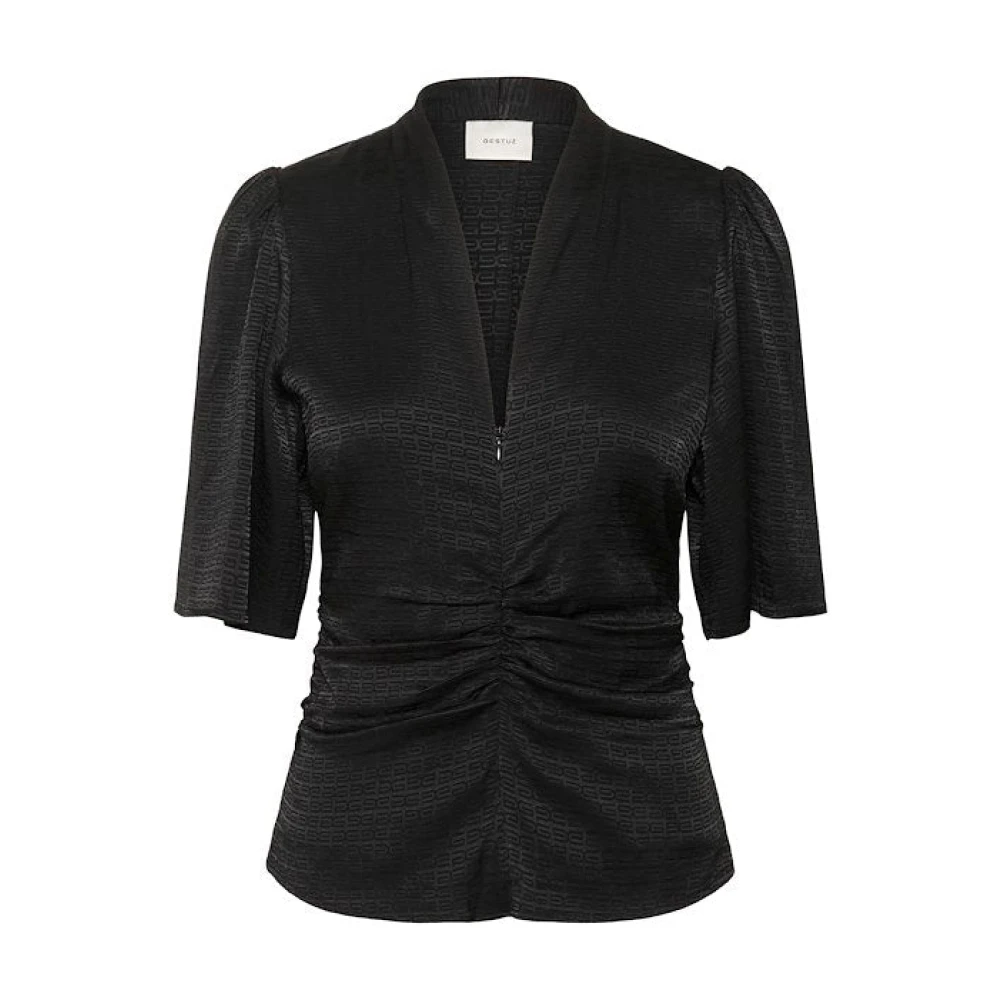 Gestuz Women's Black Blouses, M, Satin Blouse With V-Neck