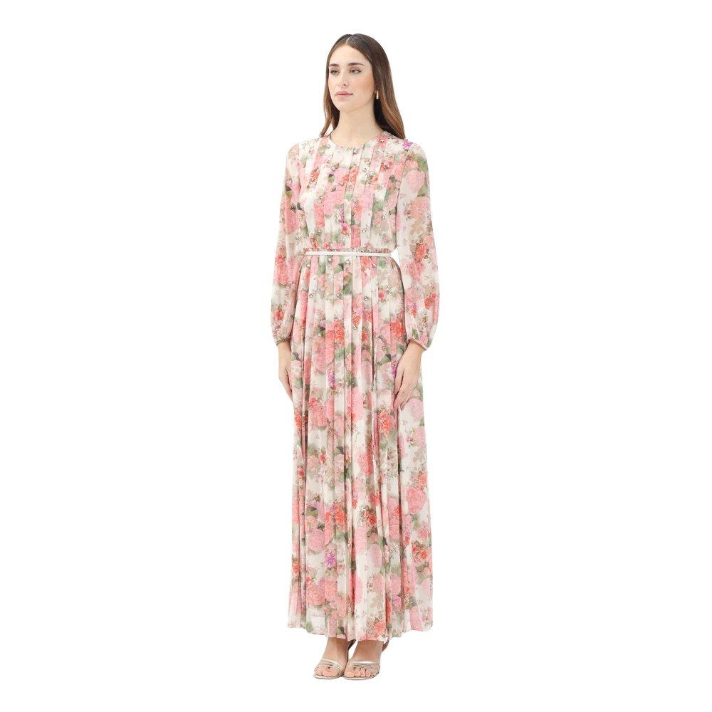 Max Mara Elegant Ivoor Bloemen Geplooide Lange Jurk Multicolor Dames