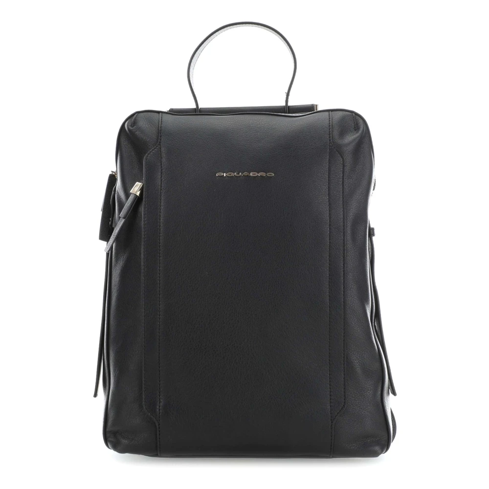 Piquadro Zwarte leren laptoptas met voorvak met rits Black Dames