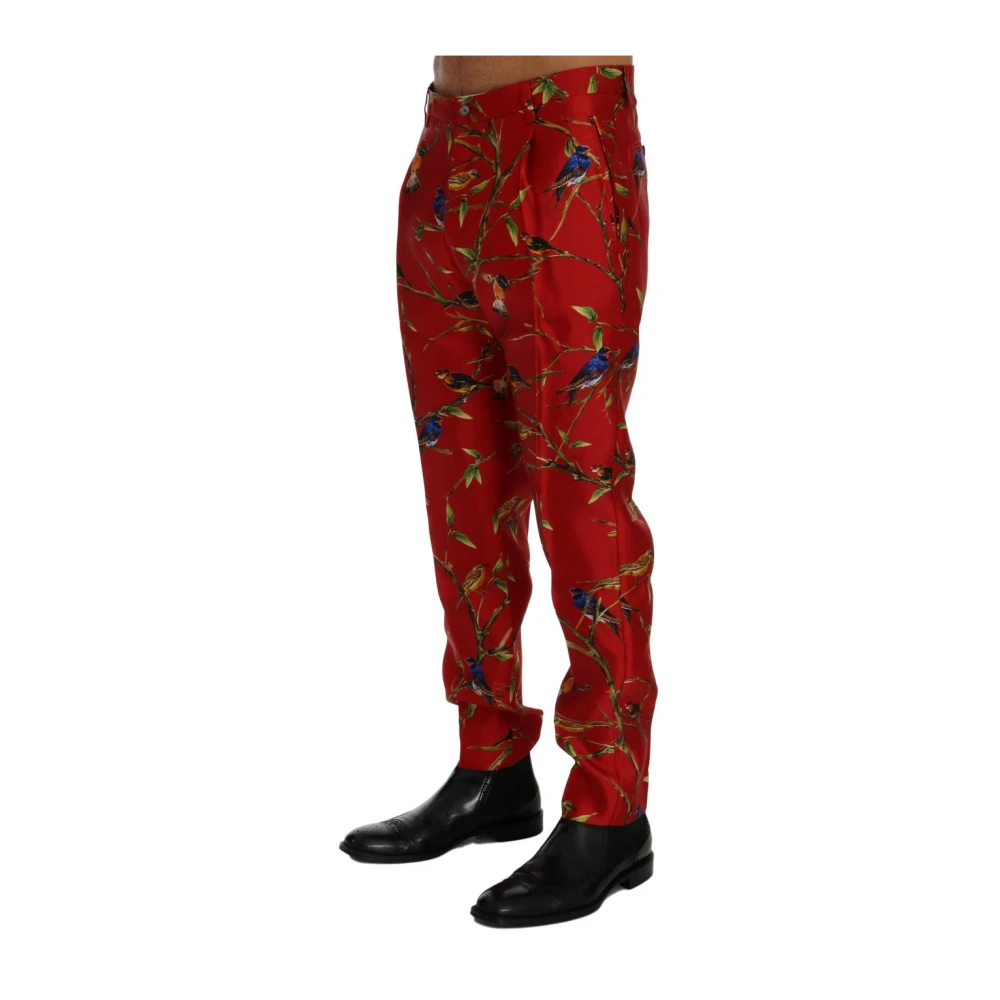 Dolce & Gabbana Rode Zijden Vogelprint Broek Red Heren