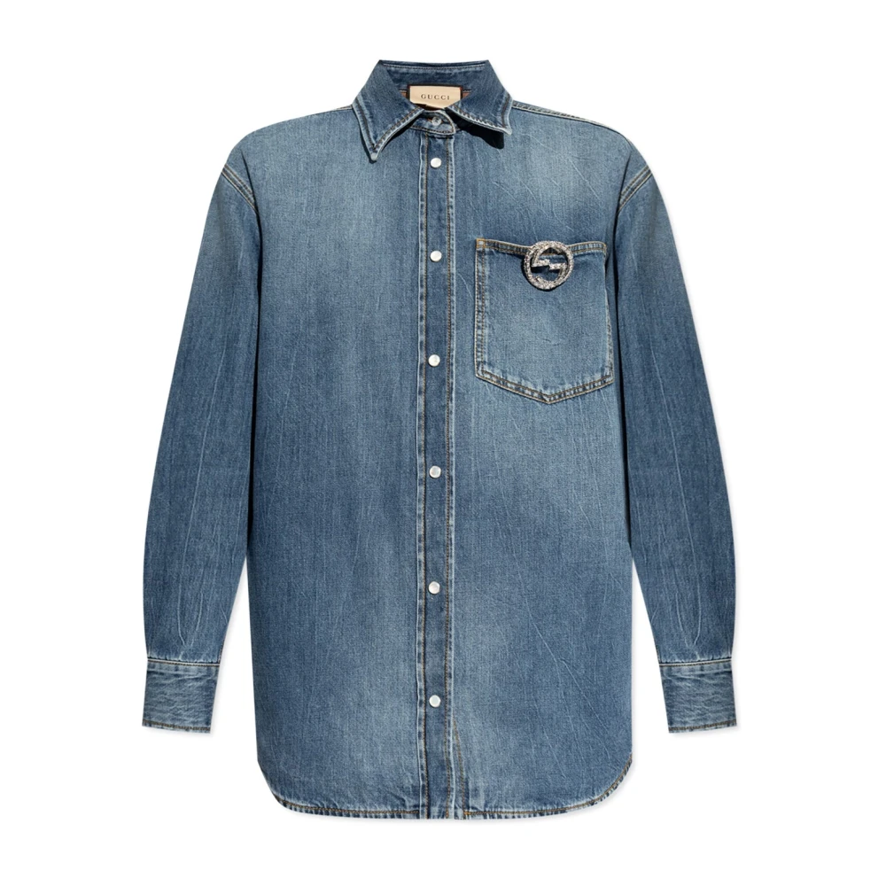 Gucci Blauwe Denim Overhemd Elegant Parelknoop Blue Dames