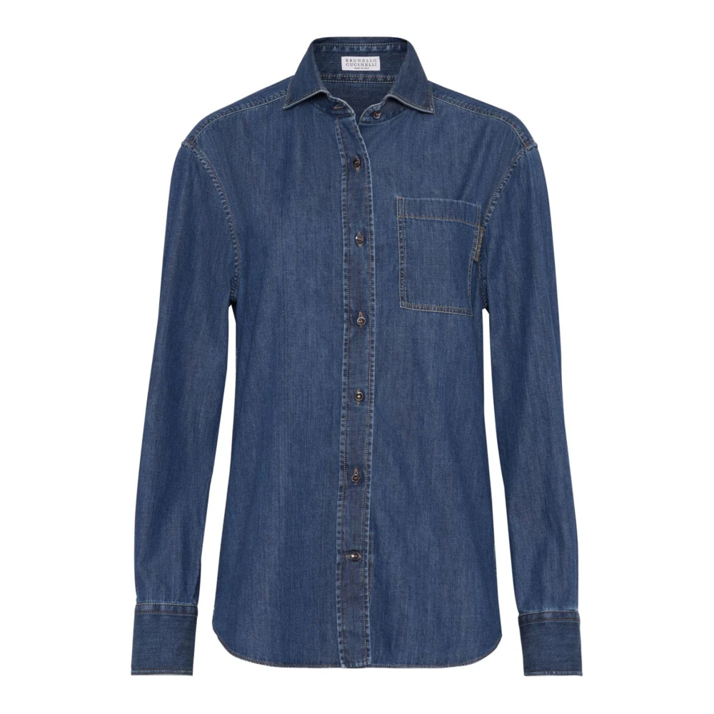 BRUNELLO CUCINELLI Blauwe Denim Klassieke Kraag Shirt Blue Dames