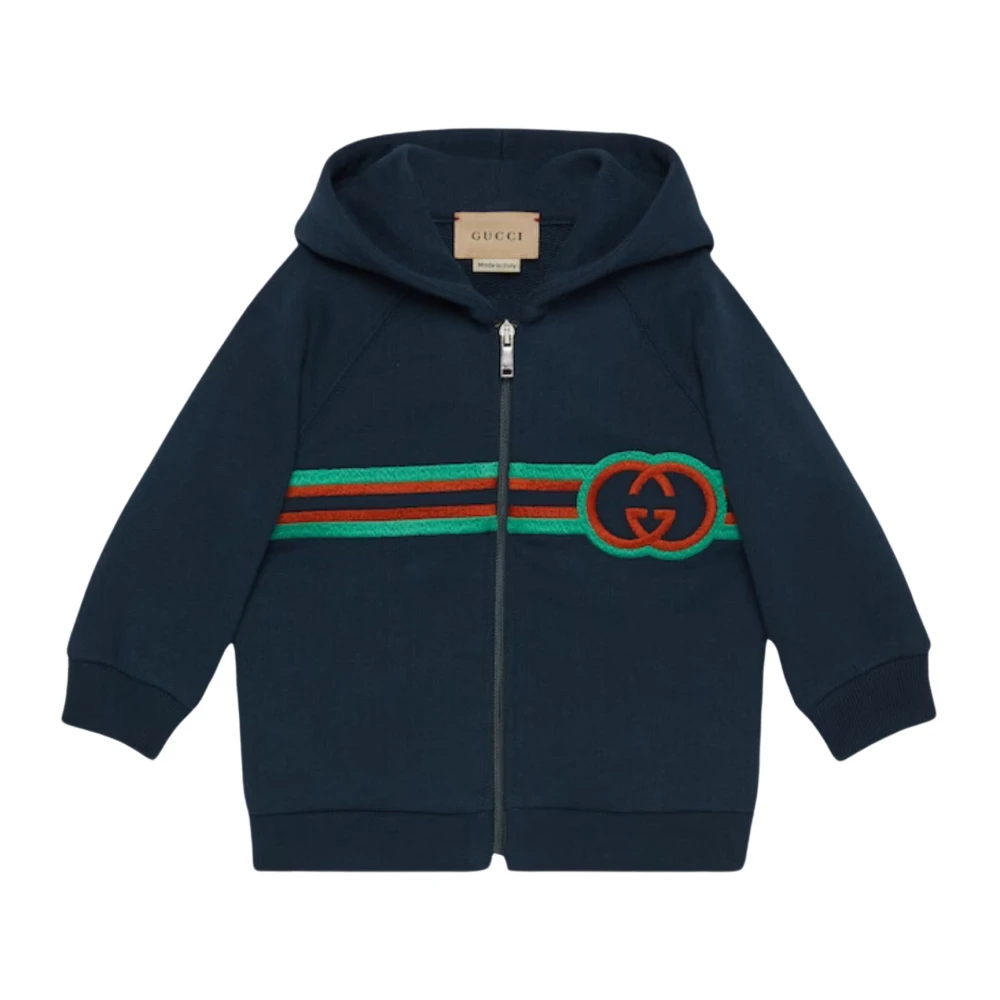 Gucci Blå huva tröja med randig logotyp Blue, Unisex