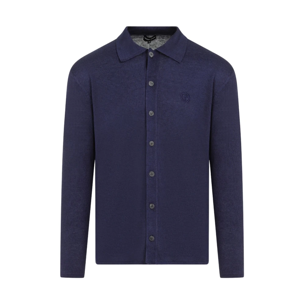 Giorgio Armani Blauwe Linnen Cardigan Sweater Ss24 Blue Heren