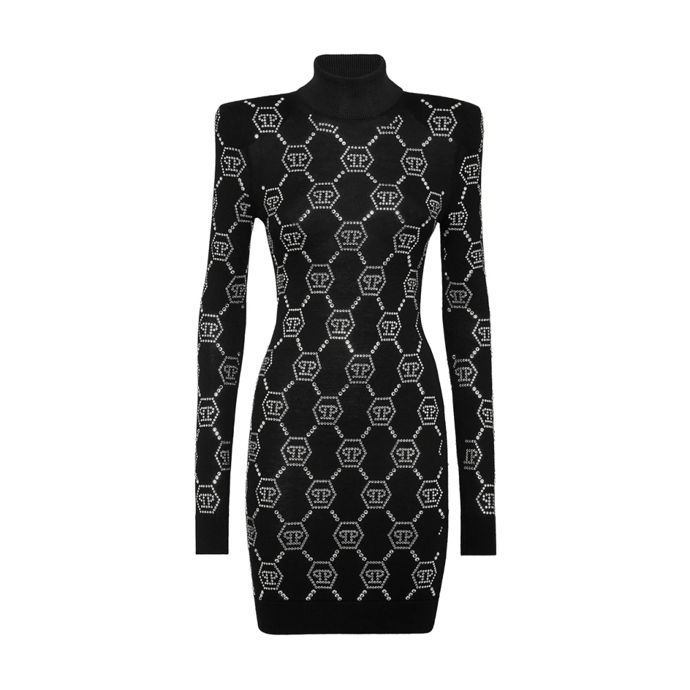Philipp Plein Women's Black Knitted Strass Mini Dress With Padded Shoulders Monogram