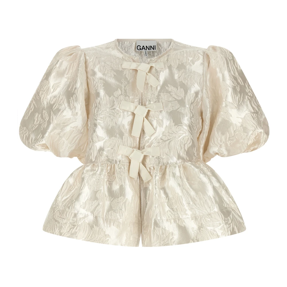 Ganni Blusa De Satén Con Peplum Y Lazo Blouses & Shirts Mujer Beige M