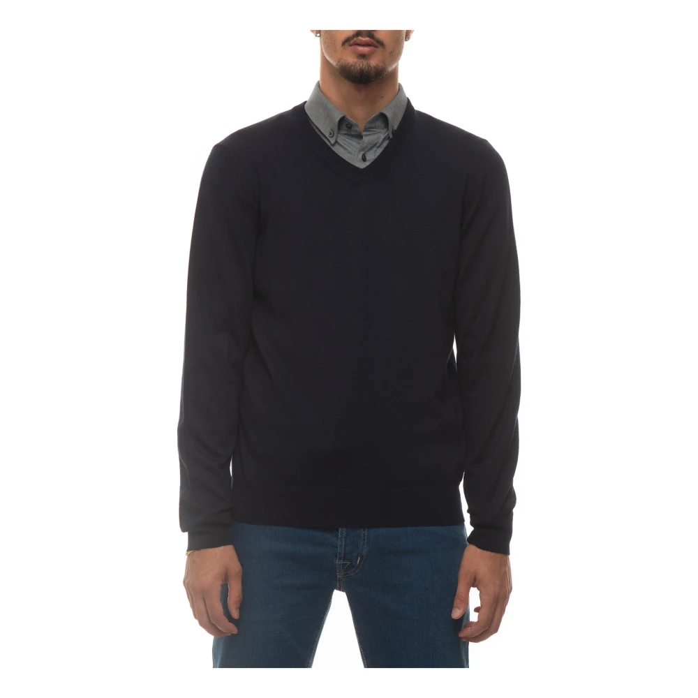 Boss Plain V-Neck wollen trui Blue Heren