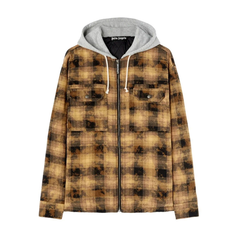 Palm Angels Men's Brown Curved Logo Check Overshirt Jacket - Light Jackets - M - Jackets