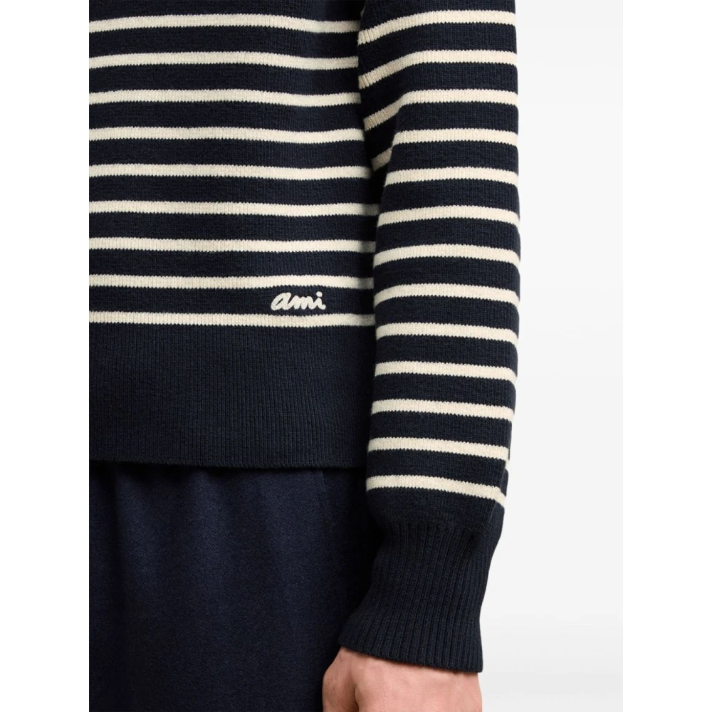 Ami Paris Blauwe Gestreepte Trui met Knoopdetails Blue Heren