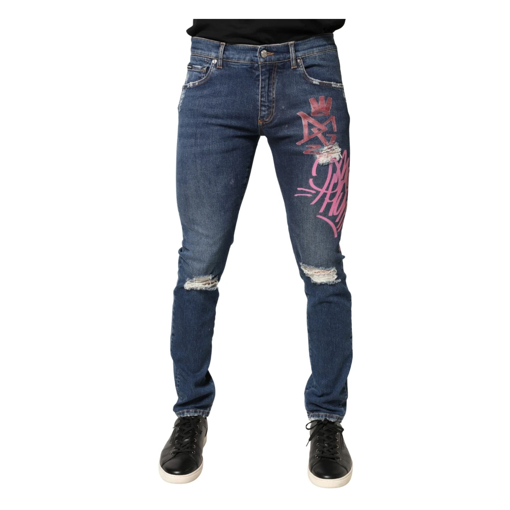 Dolce & Gabbana Men's Blue Distressed Graffiti Print Skinny Jeans - Slim Fit Jeans - M - Jeans