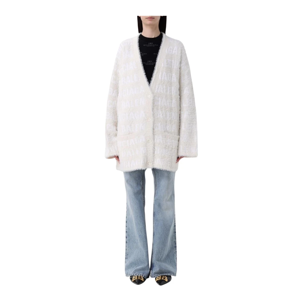 Balenciaga Women's White Cardigans, S, Logo Cardigan Fuzzy Knit Oversized