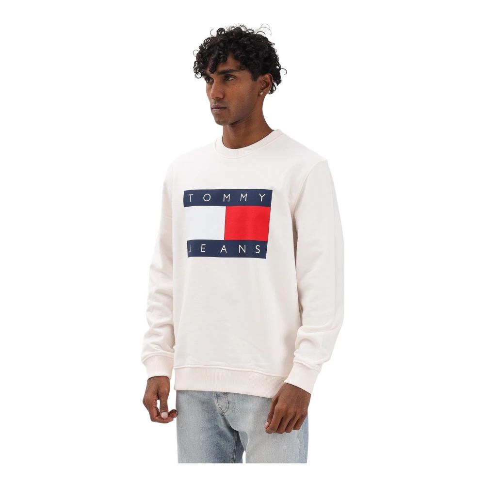 Tommy Jeans Mannelijk Wit Hoodies & Sweatvesten Heren, S, Katoen, Felpa Girocollo Garzata