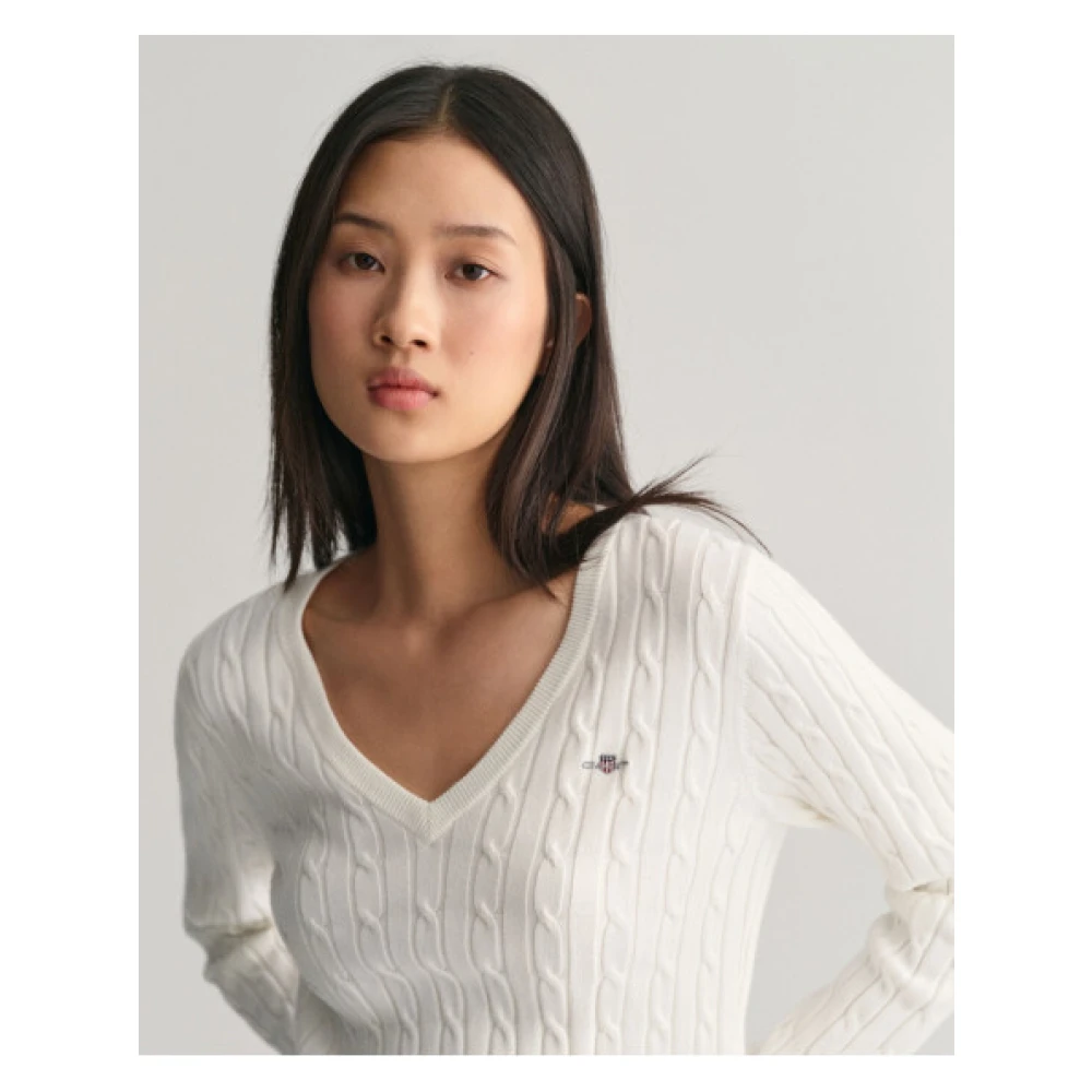 Gant Gedraaide Katoenen V-Hals Trui White Dames