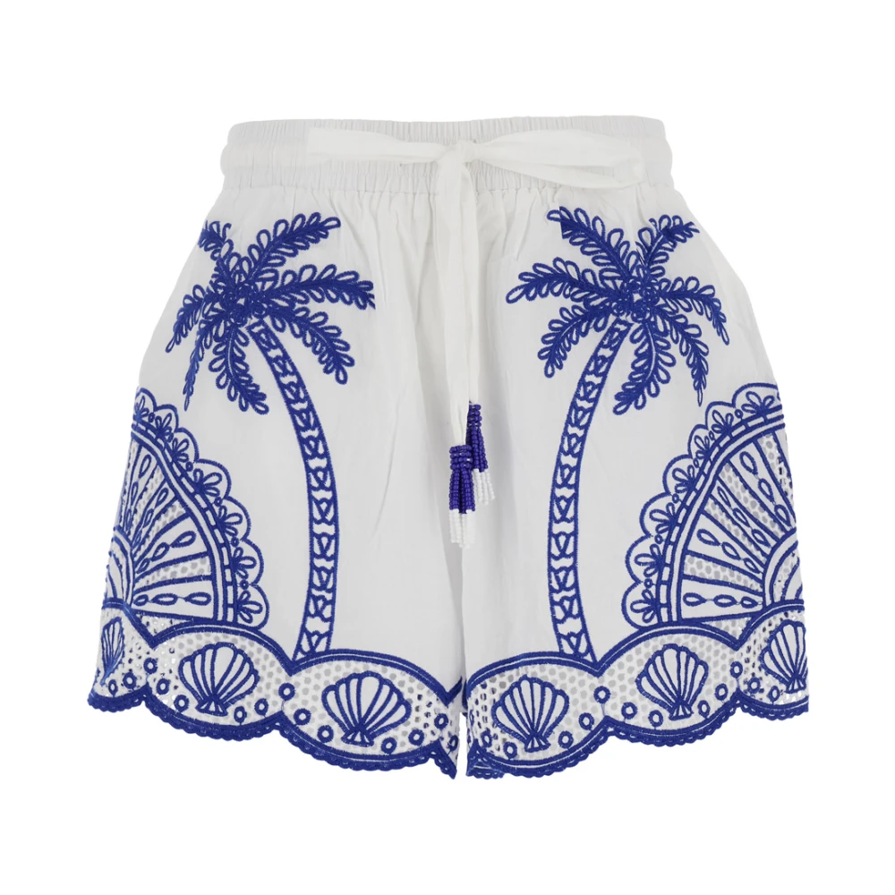 Farm Rio Blauwe Shorts met Elastische Taille en Palm Borduurwerk White Dames