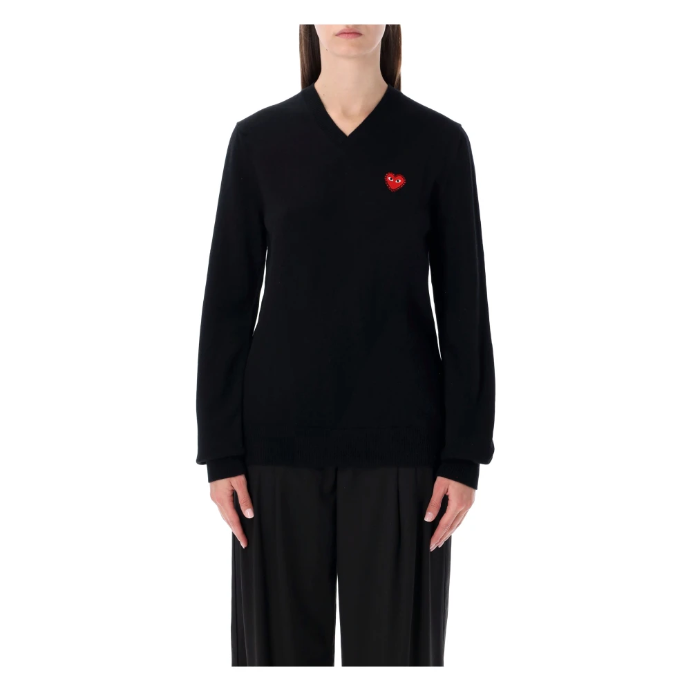 Comme Des Garçons Play Women's Black V Neck Crystal Heart