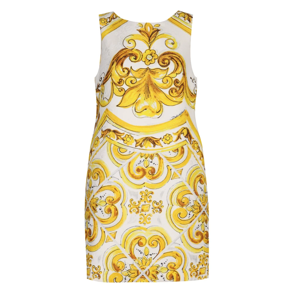 Dolce & Gabbana Donna Multicolor Mini Abito In Broccato Con Stampa Maiolica