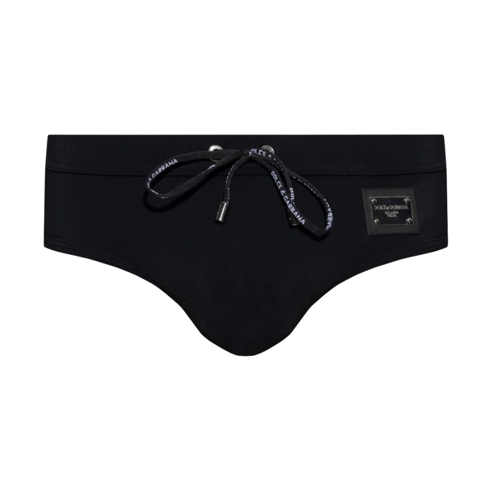 Dolce & Gabbana, Strój kąpielowy, Czarne slipy kąpielowe z haftowanymi sznurkami i aplikacją logo Black, male, product