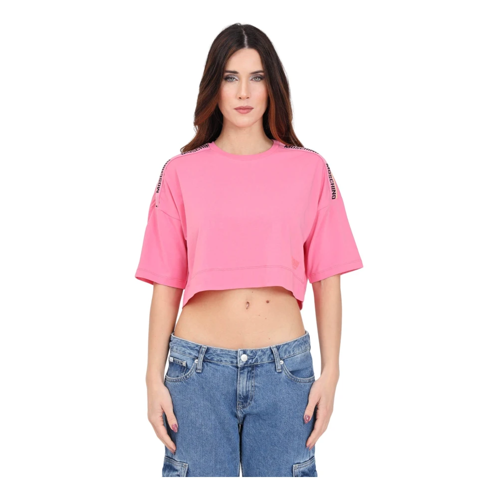 Moschino Roze Logo T-shirt met Gele Streep Pink Dames