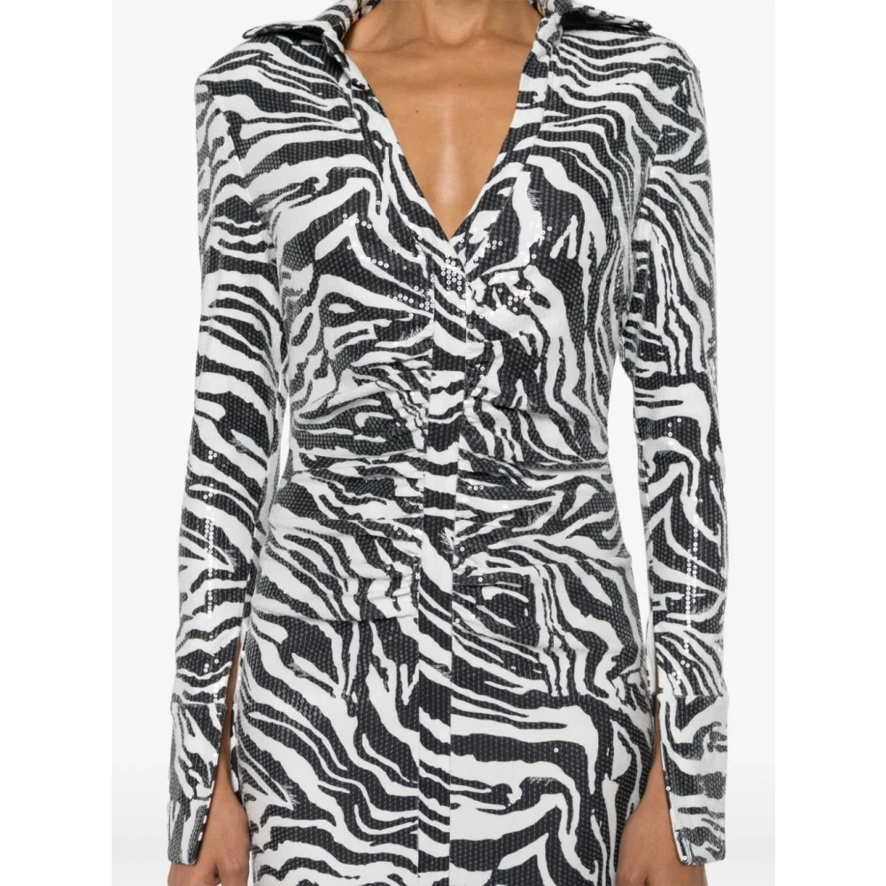 Rotate Birger Christensen Zebra Print Sequins Midi Shirt Jurk White Dames