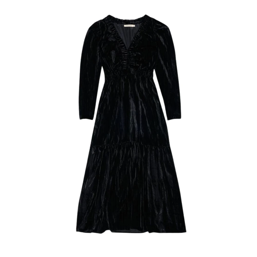 The New Society Zwart Velours V-Hals Jurk Black Dames