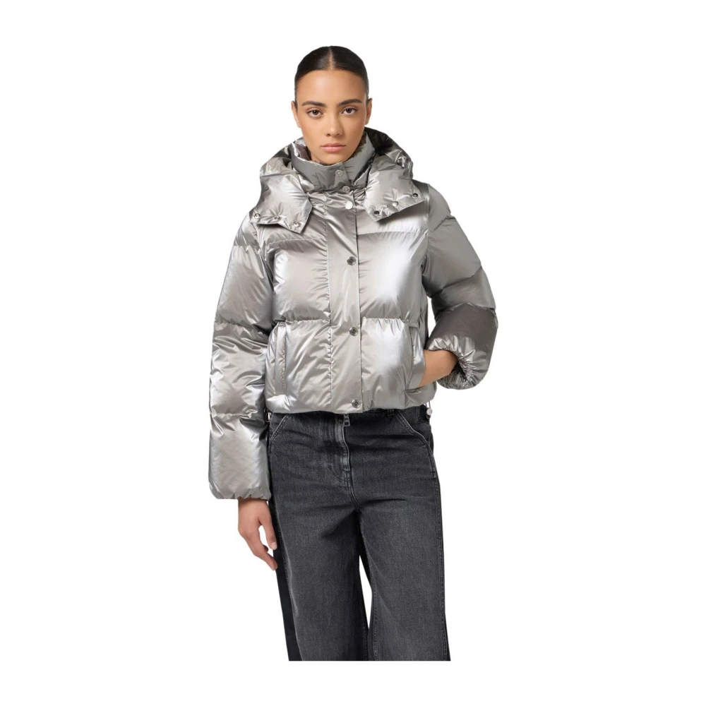 Elisabetta Franchi Metallic korte gewatteerde jas met capuchon Gray Dames