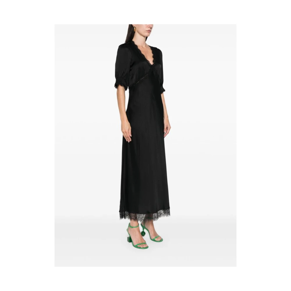 Rixo Zwarte Satijnen V-Hals Kant Jurk Black Dames