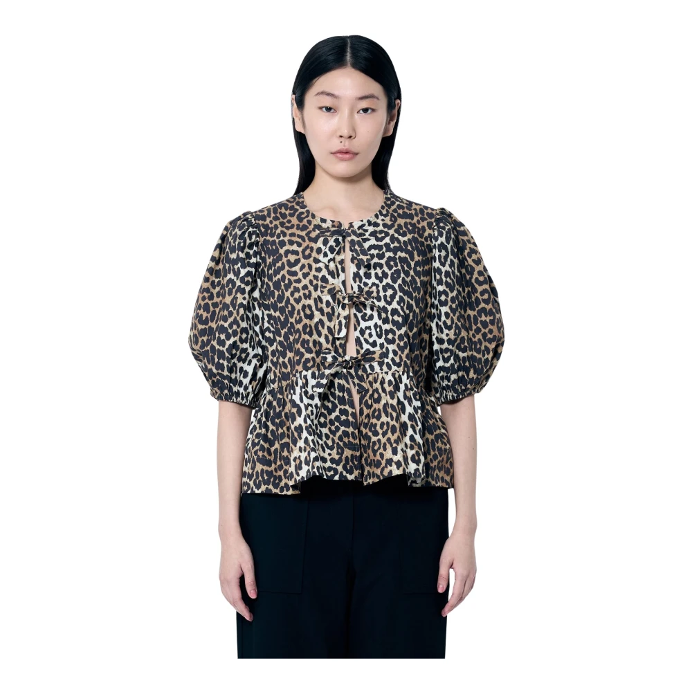 Ganni Women's Brown Leopard Print Peplum Blouse