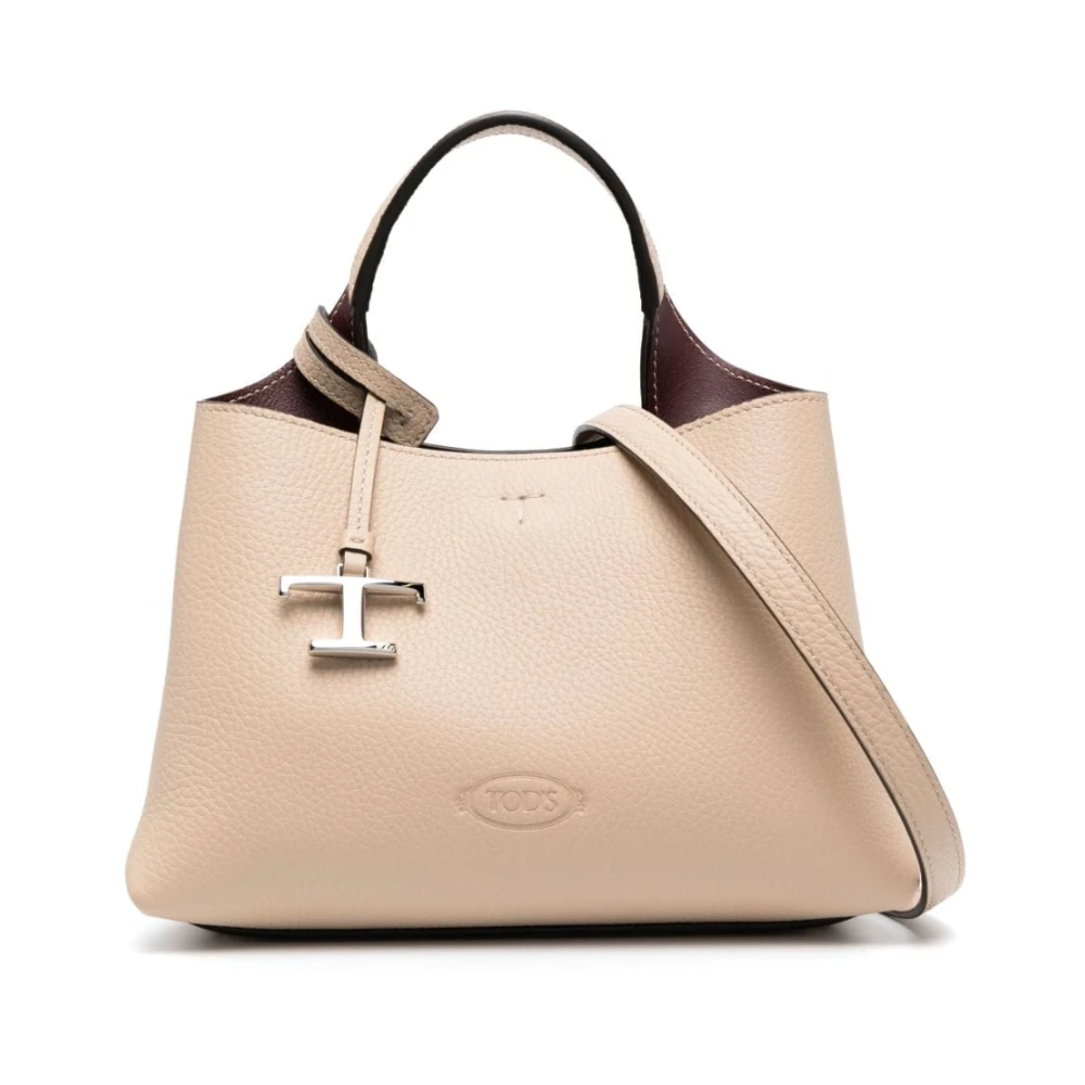 TOD'S Beige Leren Tote Tas met Logo Hanger Beige Dames