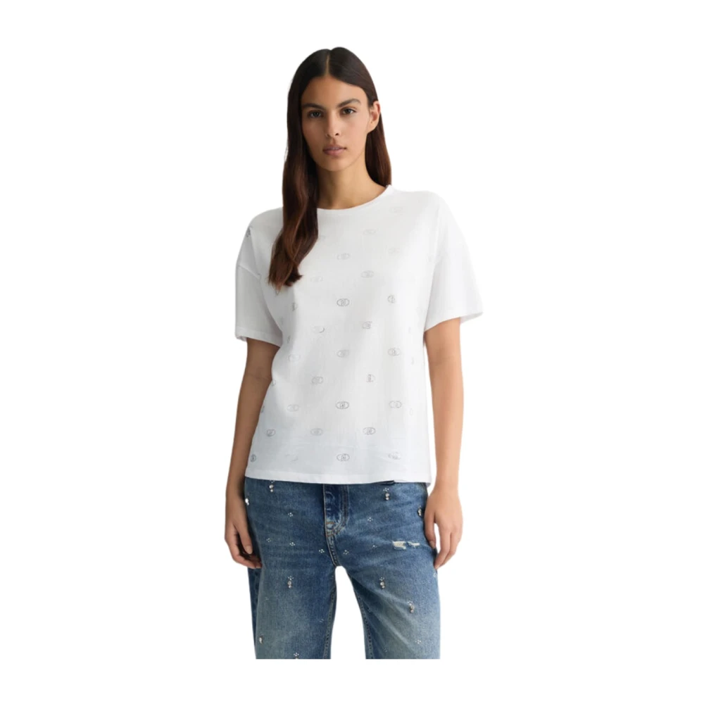 Liu Jo Wit Katoenen T-Shirt met Strass Letters White Dames