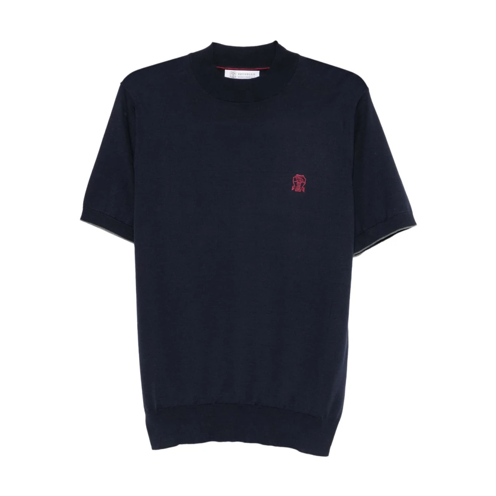 Brunello Cucinelli Men's Blue Embroidered Logo Short Sleeve Crew Neck - Round-Neck Knitwear - M - Knitwear