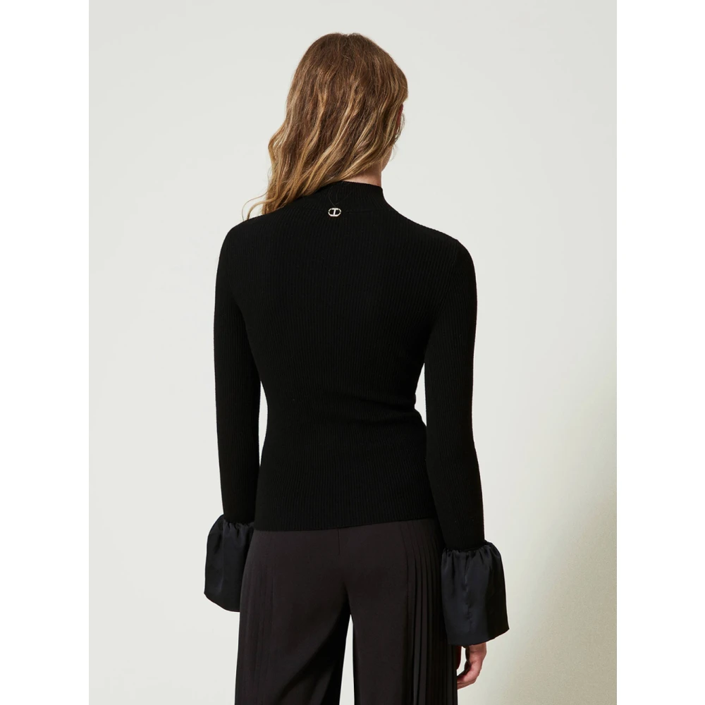 Twinset Zwarte Geribbelde Trui met Satijnen Ruche Black Dames