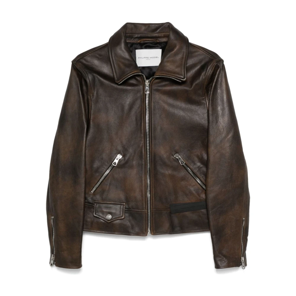 Philippe Model Bruine leren jas met rits en zakken Brown Heren