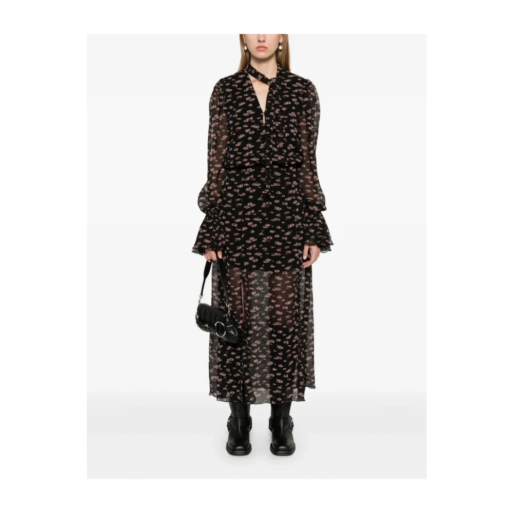 Rotate Birger Christensen Zwarte V-hals jurk met pofmouwen Black Dames
