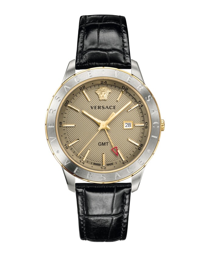 herrenuhr-schwarzes-leder-gold-silber-gmt