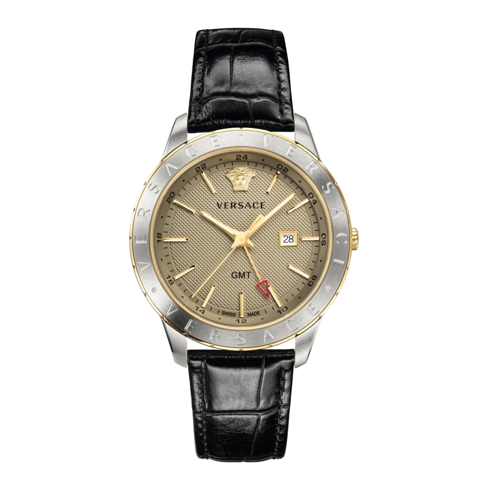 Versace Men's Gold Herrenuhr Schwarzes Leder Silber Gmt