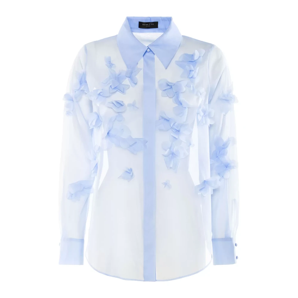 Nenette Women's Blue Camicia In Organza Di Poly Con Applicazioni A Fiore - Shirts - L - Blouses & Shirts