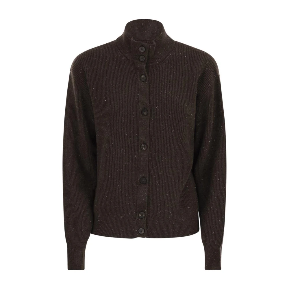 Peserico Brown Ribbed Mock Neck Button-Up Cardigan - Female - Cardigans - Xl - Knitwear