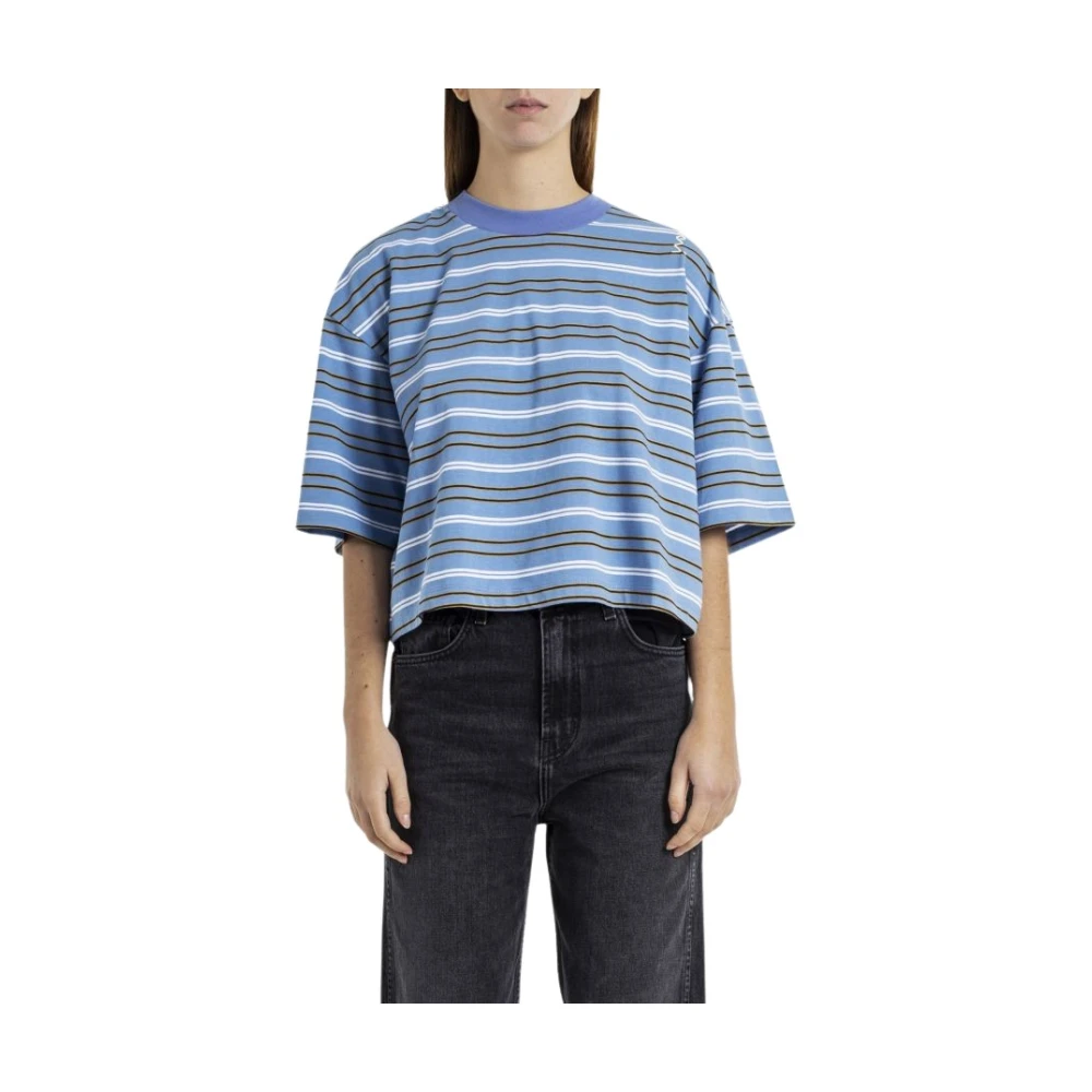 Marni Gestreept Crop T-shirt met Mesh Kraag Blue Dames