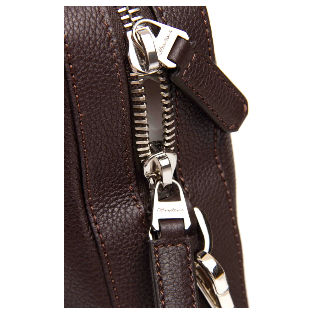 Santoni Leren Schoudertas Gehamerd Brown Unisex