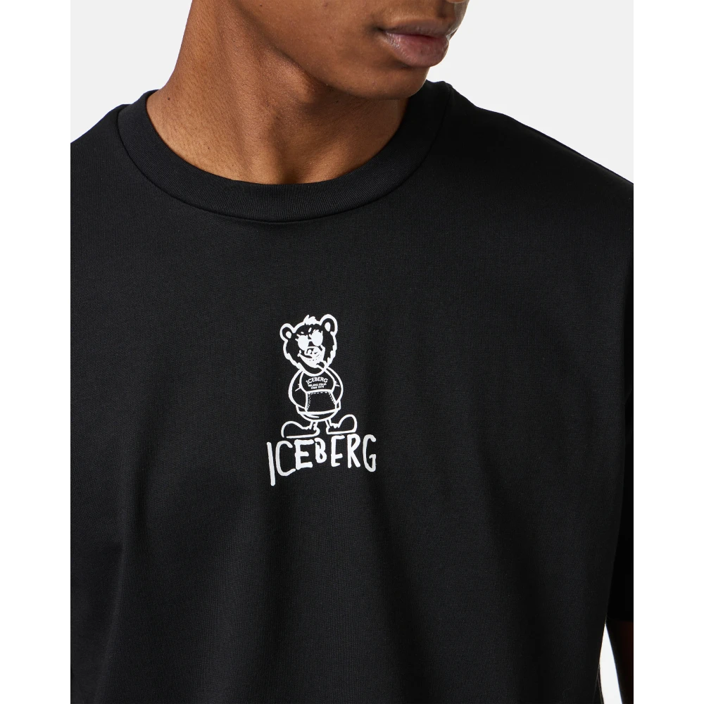 Iceberg Zwart slim fit katoenen T-shirt met beerprint en ijsberglogo Black Heren