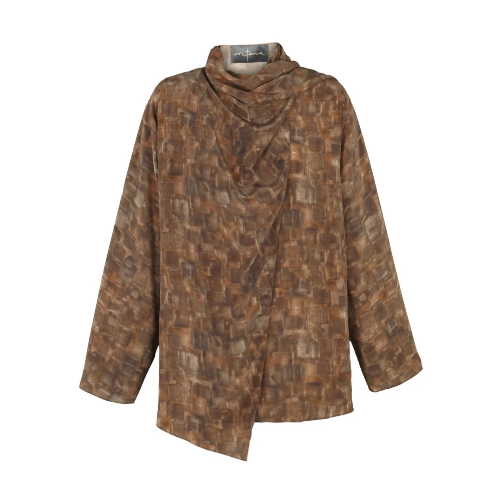 Cortana Zijden kubusprintblouse met dolmanmouwen Brown Dames