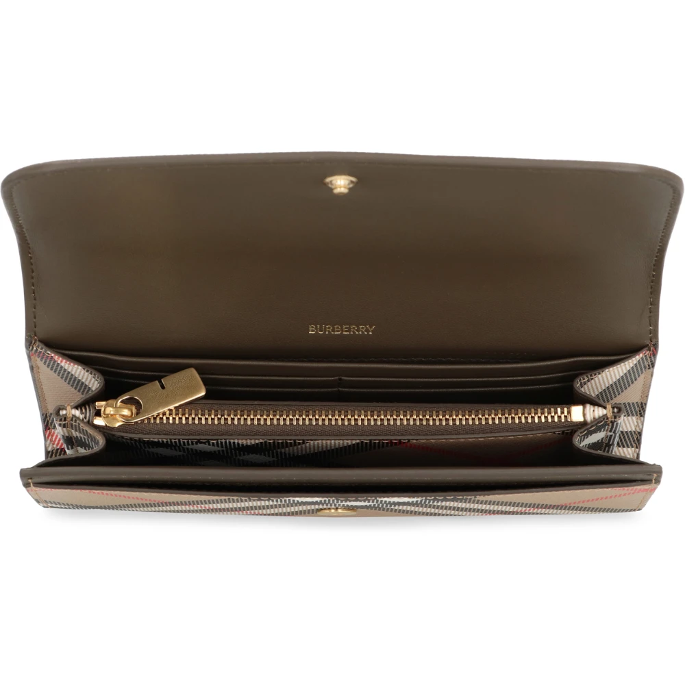 Burberry Geruite Leren Portemonnee met Drukknoop Beige Dames