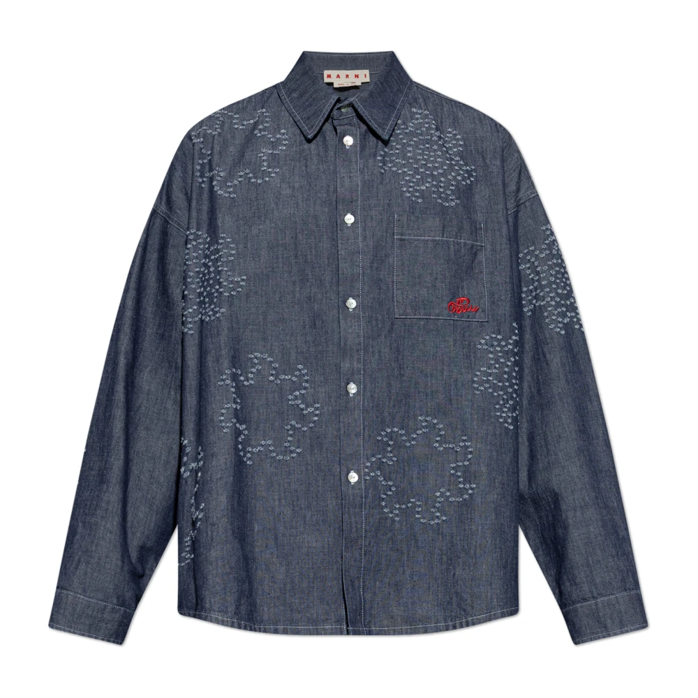 Marni Men's Blue Chambray Oversized Shirt With Frayed Sun Motif