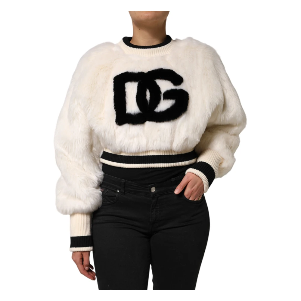 Dolce & Gabbana Women's White Cropped Faux Fur Crew Neck Sweatshirt